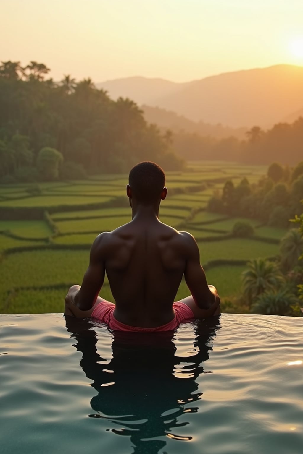 man in  swim shorts lounging on edge of infinity pool overlooking jungle and rice terraces in Ubud, golden hour lighting
