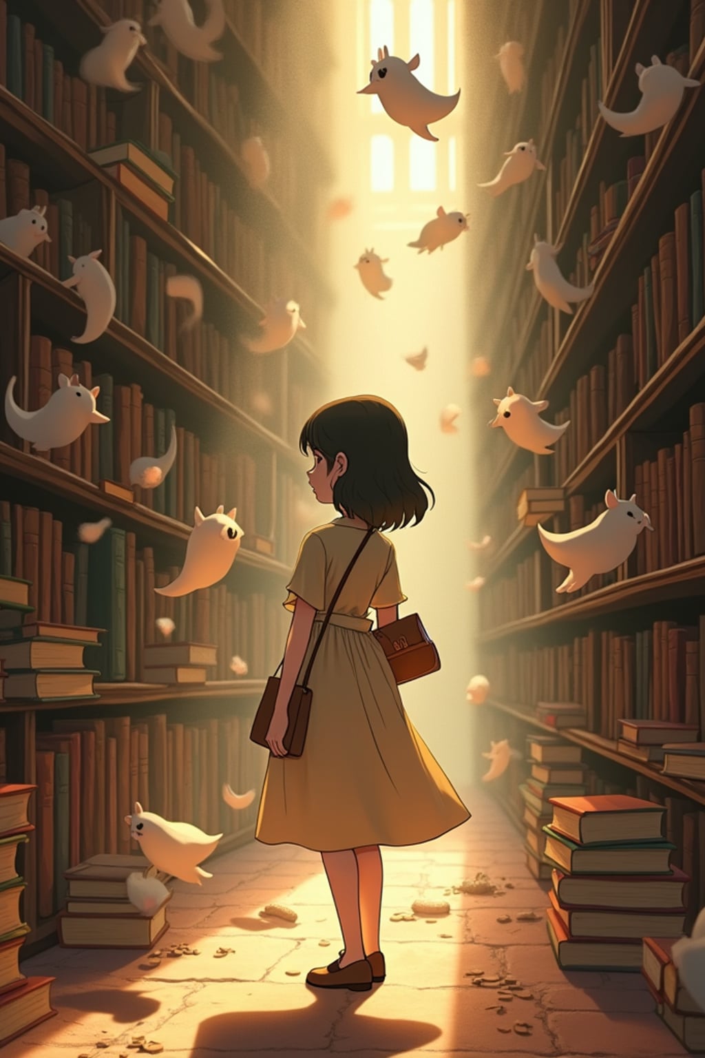 A cozy line art anime-inspired portrait in a magical library, the character wearing a simple dress with a book bag , surrounded by floating books and dust spirits. The library has endless shelves and warm lighting. The style is warm like a line art anime film.