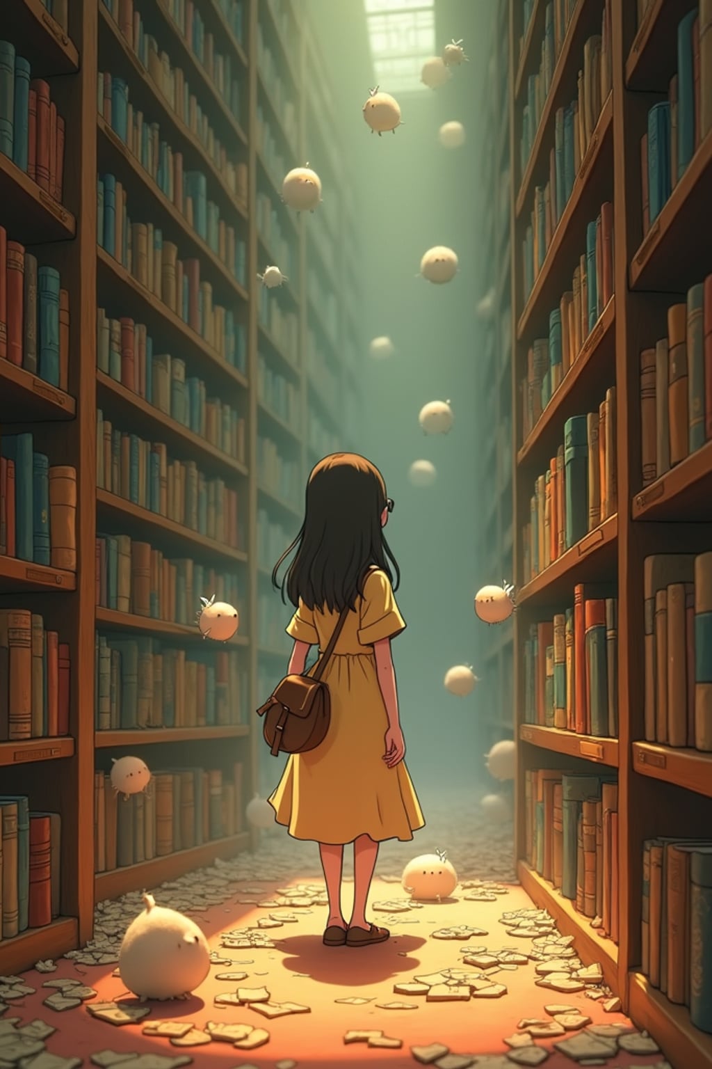 A cozy line art anime-inspired portrait in a magical library, the character wearing a simple dress with a book bag , surrounded by floating books and dust spirits. The library has endless shelves and warm lighting. The style is warm like a line art anime film.