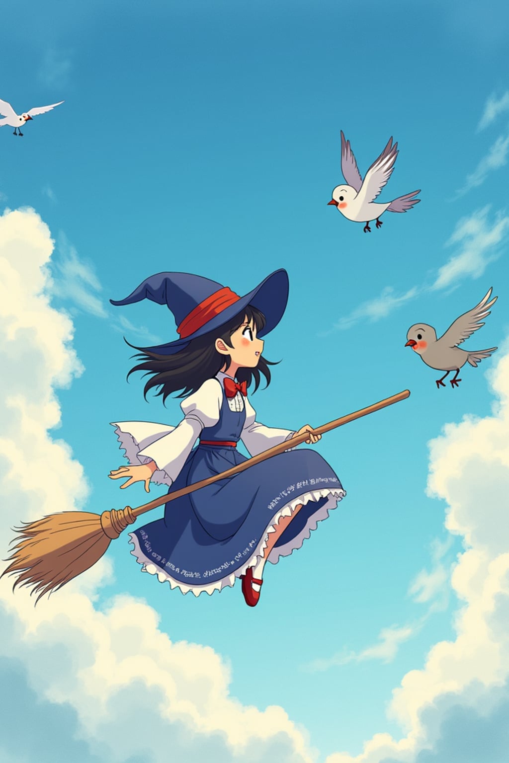 A line art anime-style anime scene of a character flying through clouds on a magical broomstick, wearing a witch apprentice dress with a red bow , surrounded by friendly birds. The sky is painted in soft watercolors. The style is magical like a line art anime film.