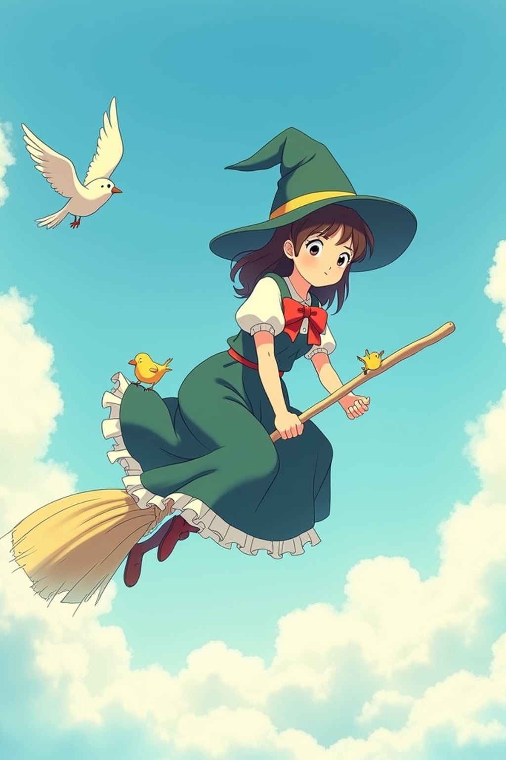 A line art anime-style anime scene of a character flying through clouds on a magical broomstick, wearing a witch apprentice dress with a red bow , surrounded by friendly birds. The sky is painted in soft watercolors. The style is magical like a line art anime film.
