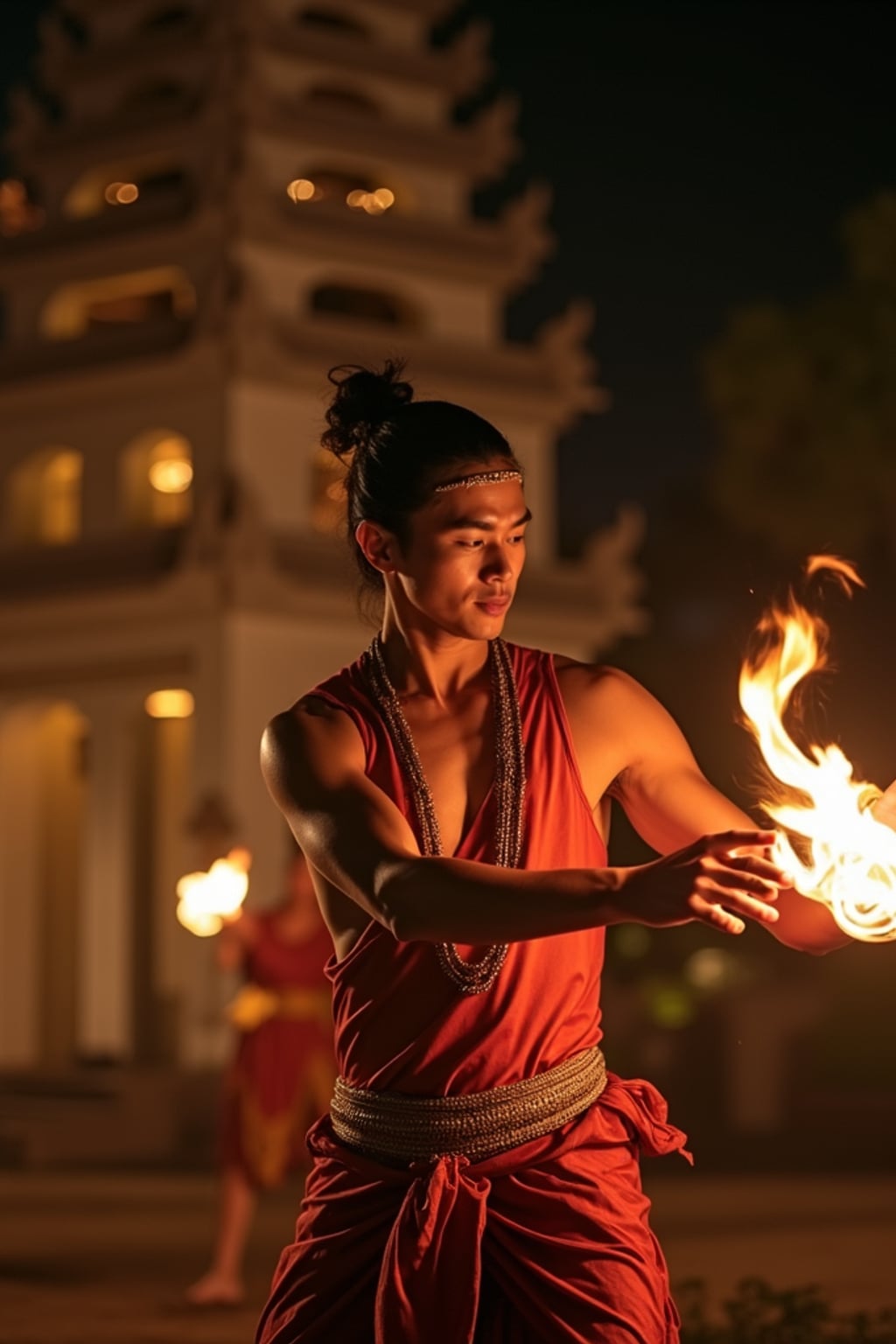 man in  resort evening attire at traditional Balinese dance performance, temple backdrop illuminated at night