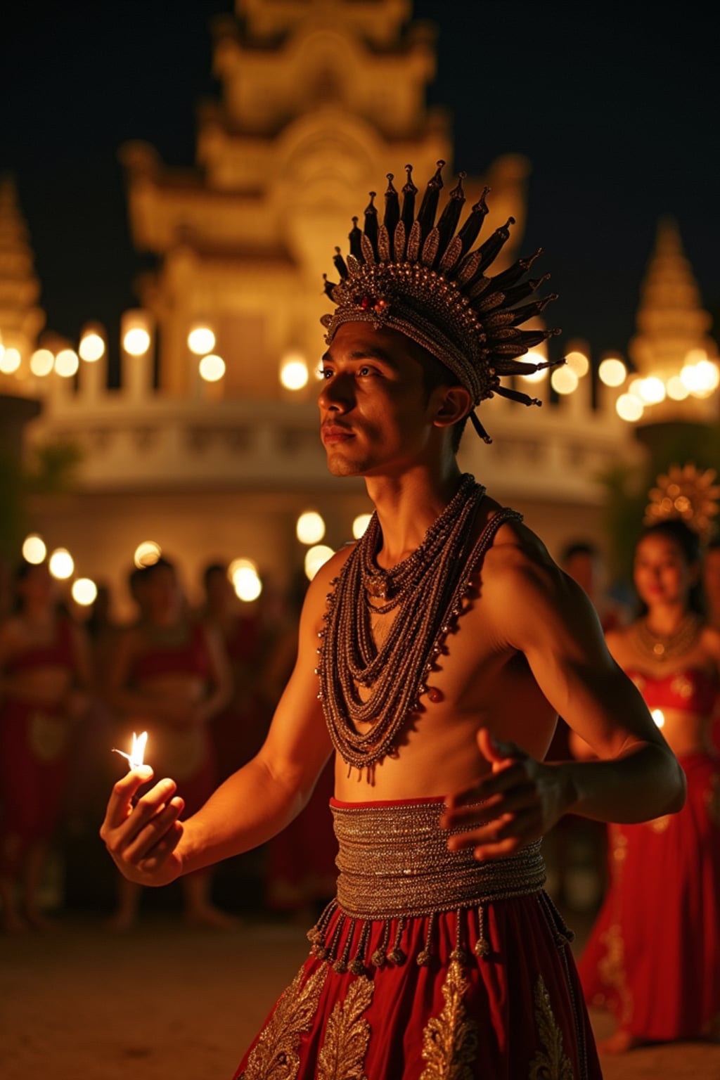 man in  resort evening attire at traditional Balinese dance performance, temple backdrop illuminated at night