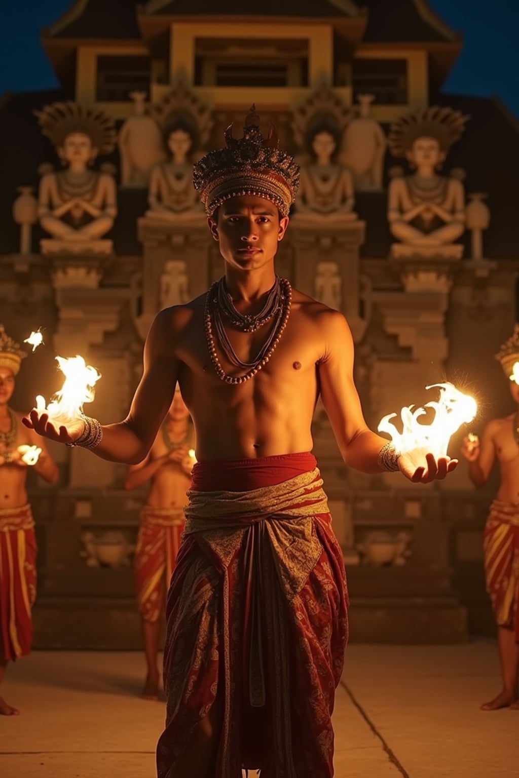 man in  resort evening attire at traditional Balinese dance performance, temple backdrop illuminated at night