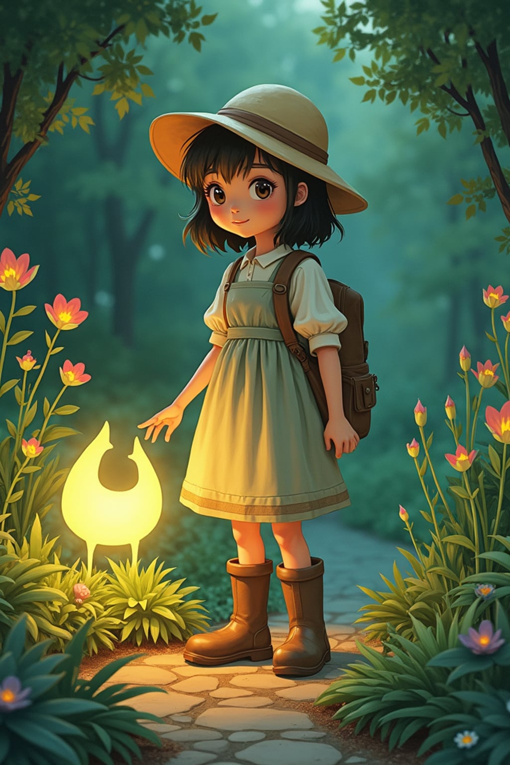 A peaceful line art anime-inspired portrait near a magical garden, the character wearing a gardening dress with muddy boots and a sunhat , tending to mysterious glowing plants. The garden is filled with strange and wonderful creatures. The style is gentle like a line art anime film.