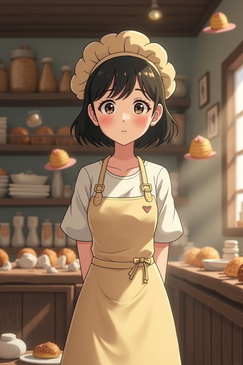 A line art anime-style anime character working in a magical bakery, wearing a baker's apron over a simple dress with flour-dusted cheeks . The bakery is filled with floating pastries and tiny soot sprites. The style is charming and whimsical like a line art anime film.
