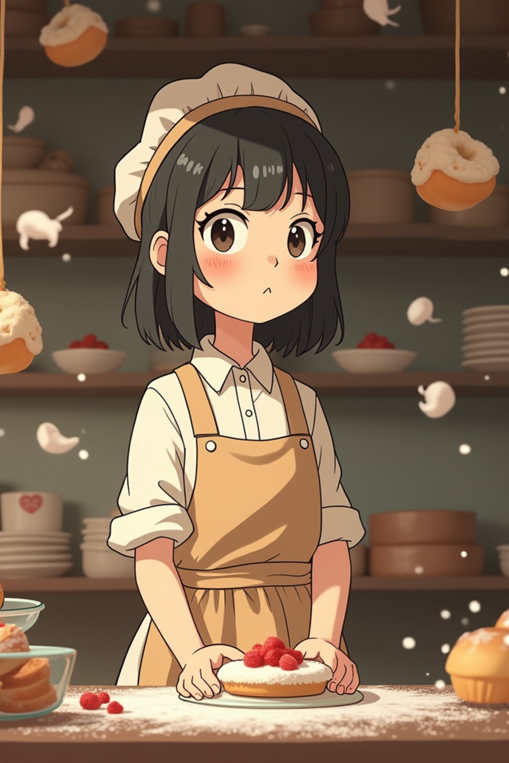 A line art anime-style anime character working in a magical bakery, wearing a baker's apron over a simple dress with flour-dusted cheeks . The bakery is filled with floating pastries and tiny soot sprites. The style is charming and whimsical like a line art anime film.