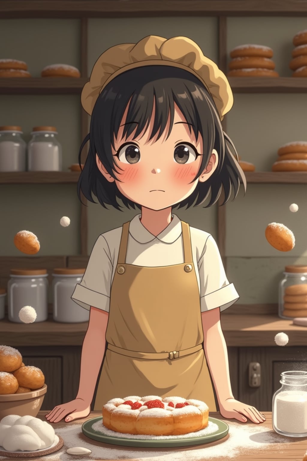 A line art anime-style anime character working in a magical bakery, wearing a baker's apron over a simple dress with flour-dusted cheeks . The bakery is filled with floating pastries and tiny soot sprites. The style is charming and whimsical like a line art anime film.