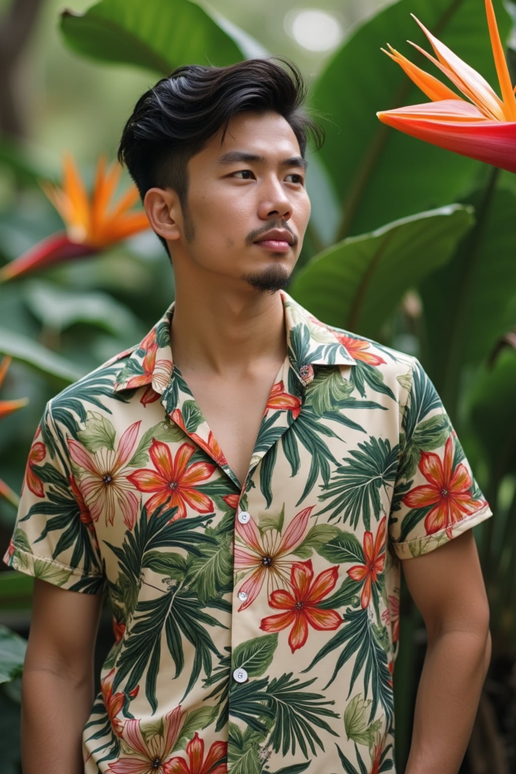 man in  tropical print shirt surrounded by exotic flowers in botanical garden setting