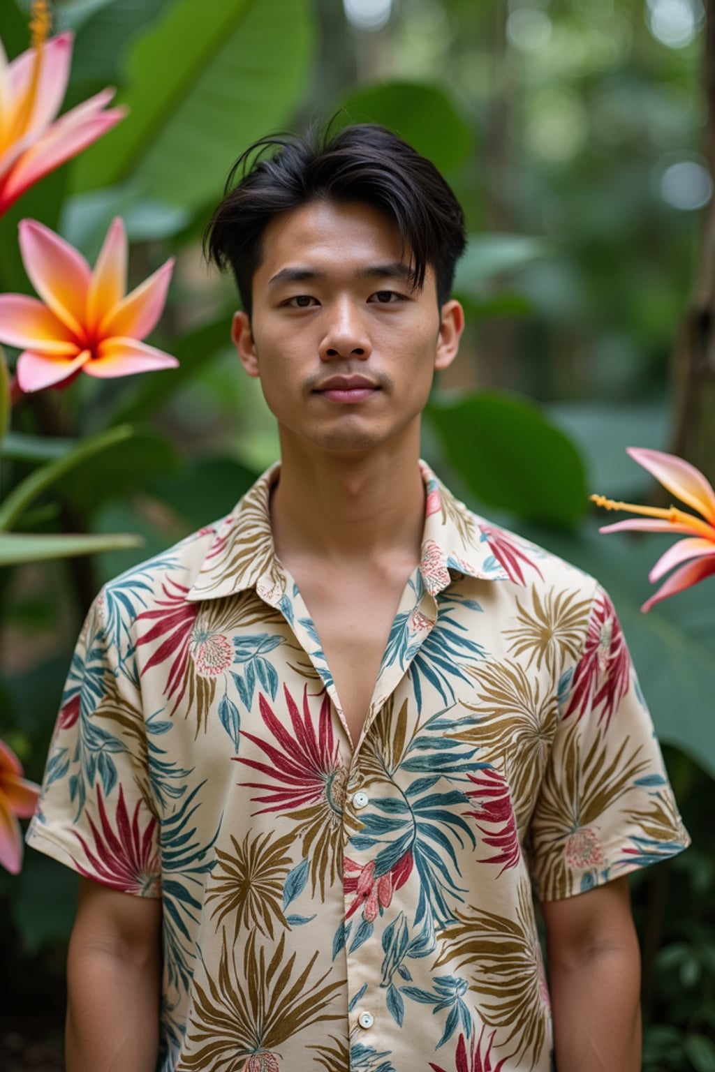 man in  tropical print shirt surrounded by exotic flowers in botanical garden setting