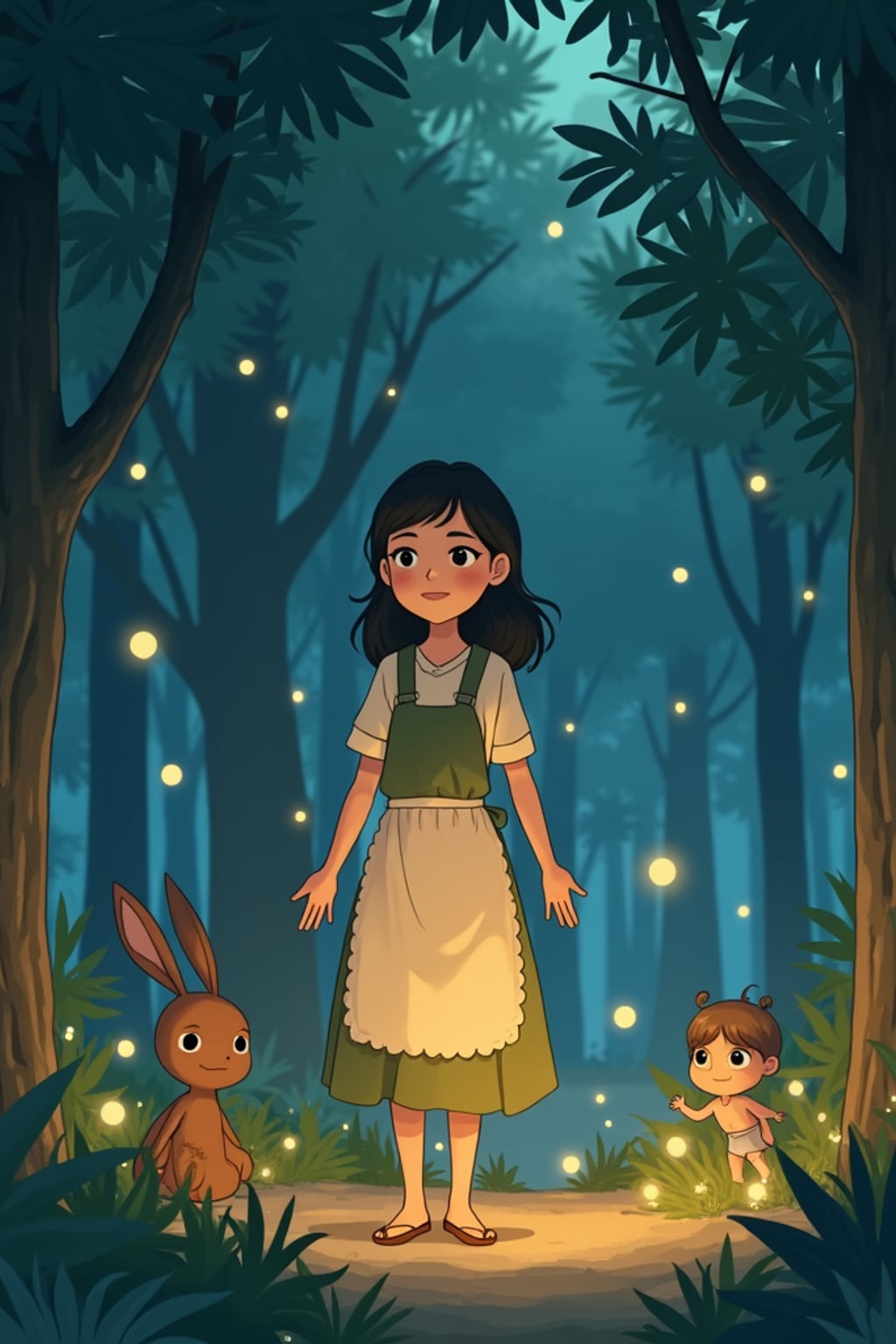 A cozy line art anime-inspired scene featuring a character in a simple dress with an apron and a warm smile , surrounded by magical forest spirits and glowing fireflies. The background has a dreamy forest clearing. The style is gentle and magical like a line art anime film.