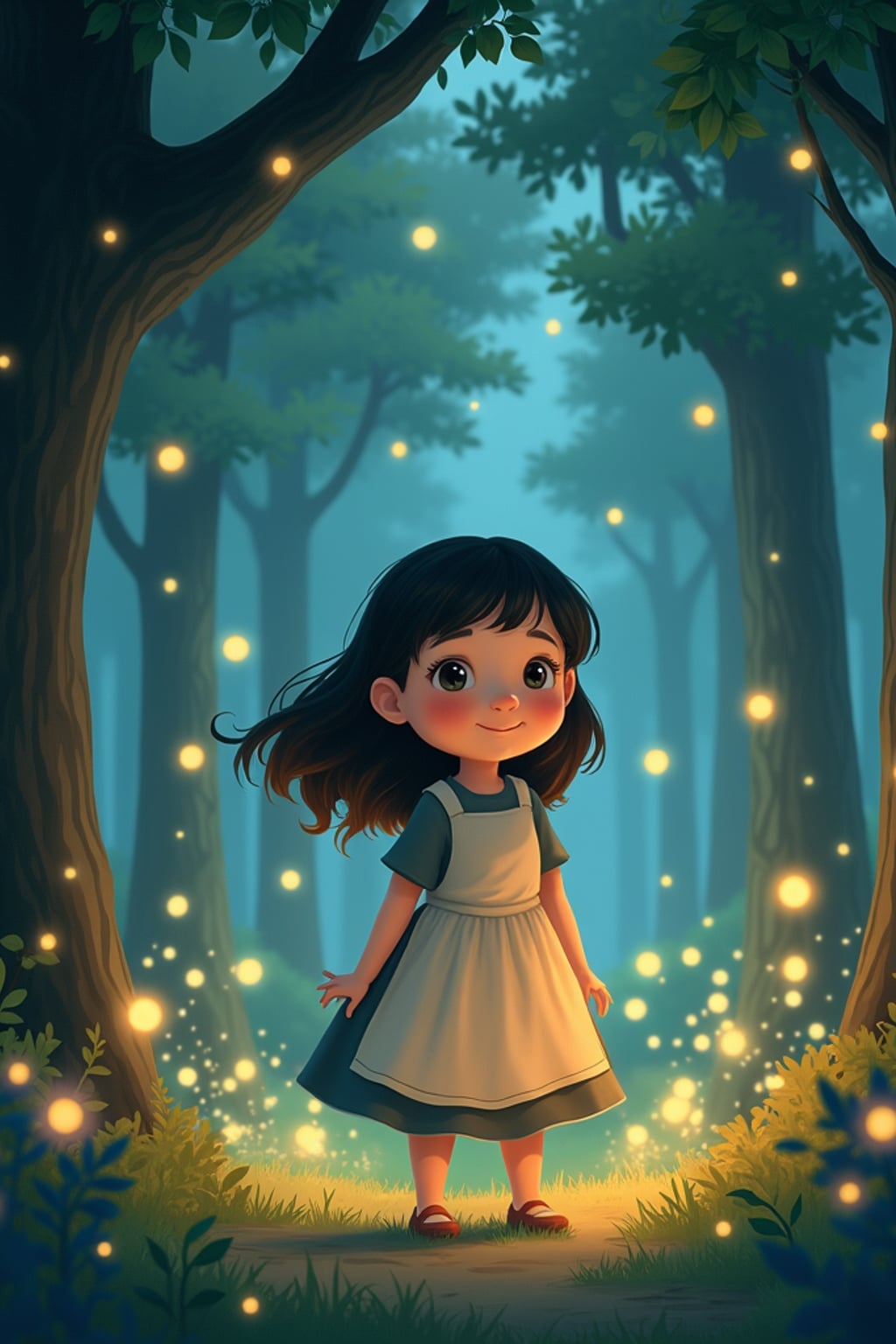 A cozy line art anime-inspired scene featuring a character in a simple dress with an apron and a warm smile , surrounded by magical forest spirits and glowing fireflies. The background has a dreamy forest clearing. The style is gentle and magical like a line art anime film.