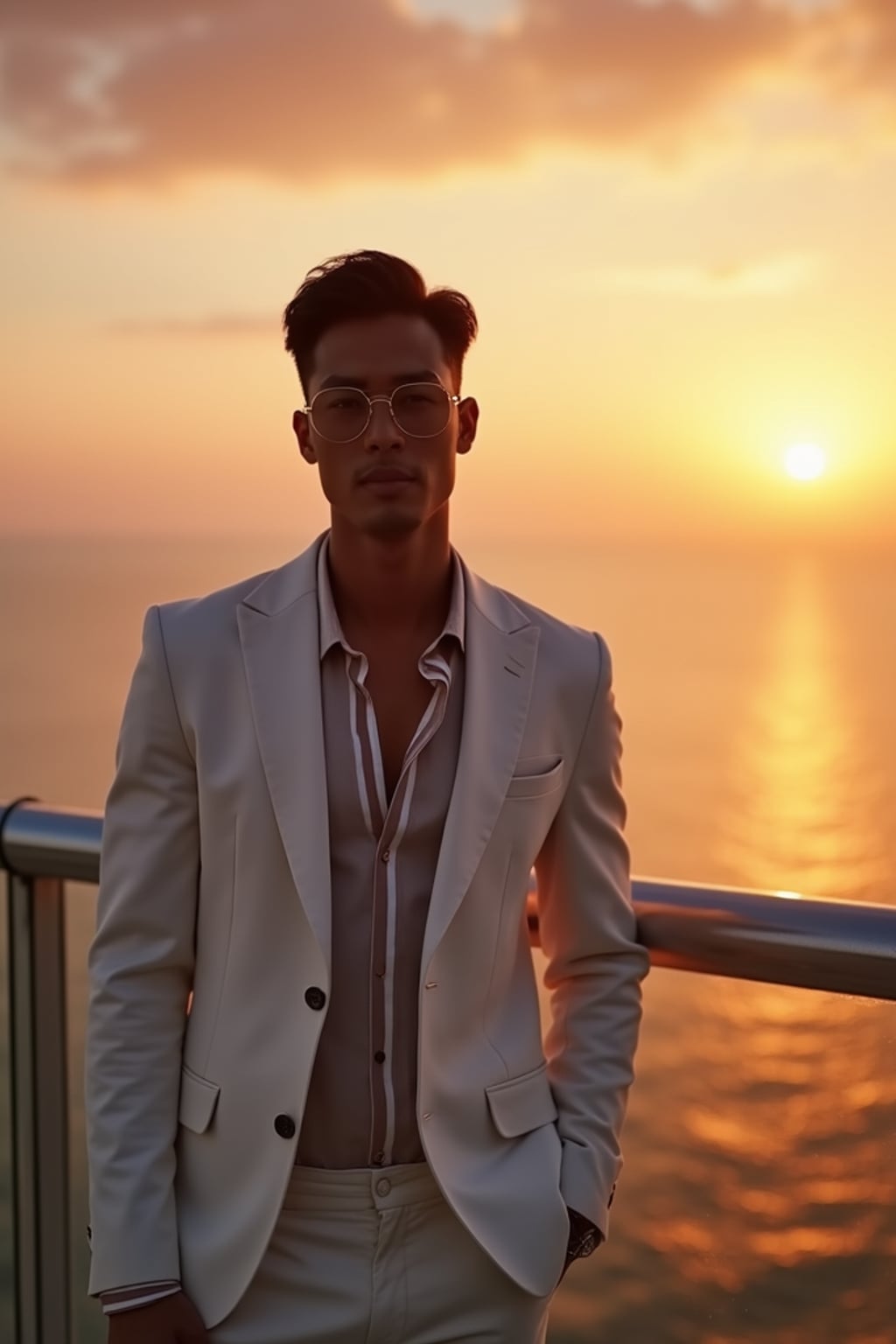 man in  smart resort wear at rooftop bar with panoramic sunset view over ocean