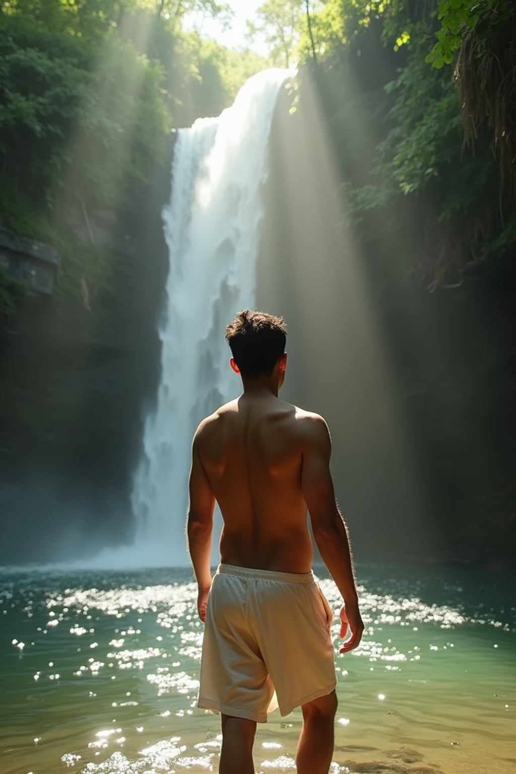 man in  linen beach wear exploring hidden waterfall in jungle, rays of light streaming down