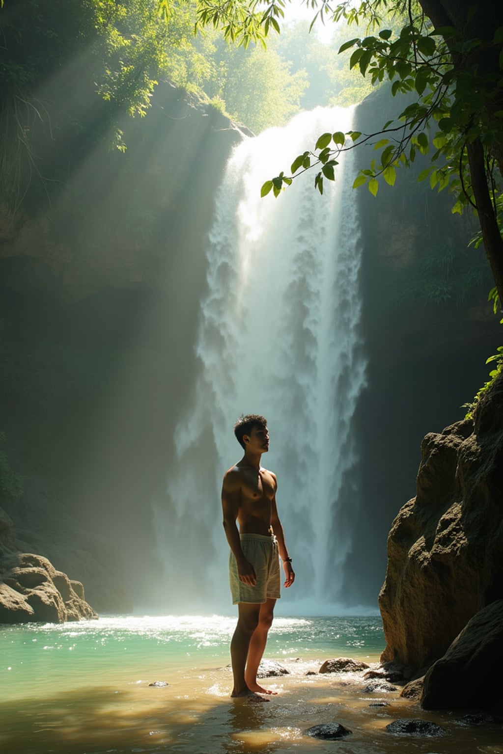 man in  linen beach wear exploring hidden waterfall in jungle, rays of light streaming down