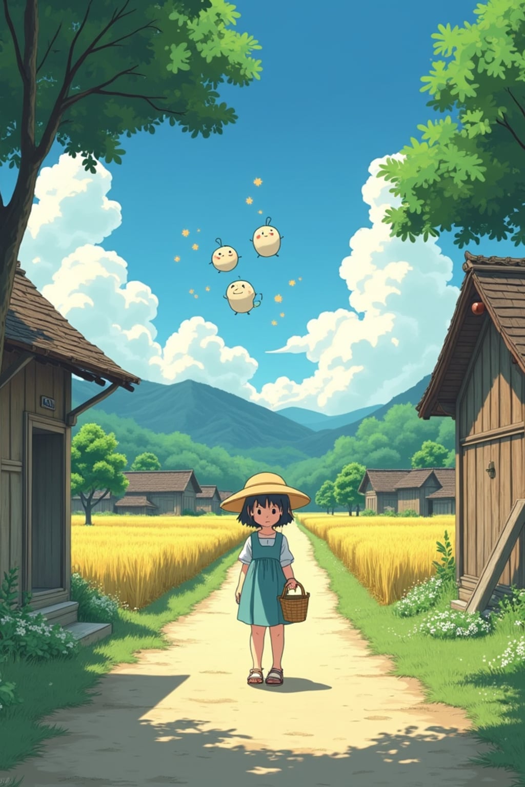 A serene line art anime-style anime scene in a Japanese countryside. The path winds between traditional wooden houses and rice fields, with fluffy white clouds drifting overhead. Magical dust spirits dance in the warm sunlight that filters through the trees. In the foreground, a gentle character stands thoughtfully, wearing a simple summer dress with a straw hat and carrying a basket . The character has a kind expression, watching the spirits play. The scene captures the peaceful magic of everyday life, painted in soft, warm colors typical of Studio line art anime.