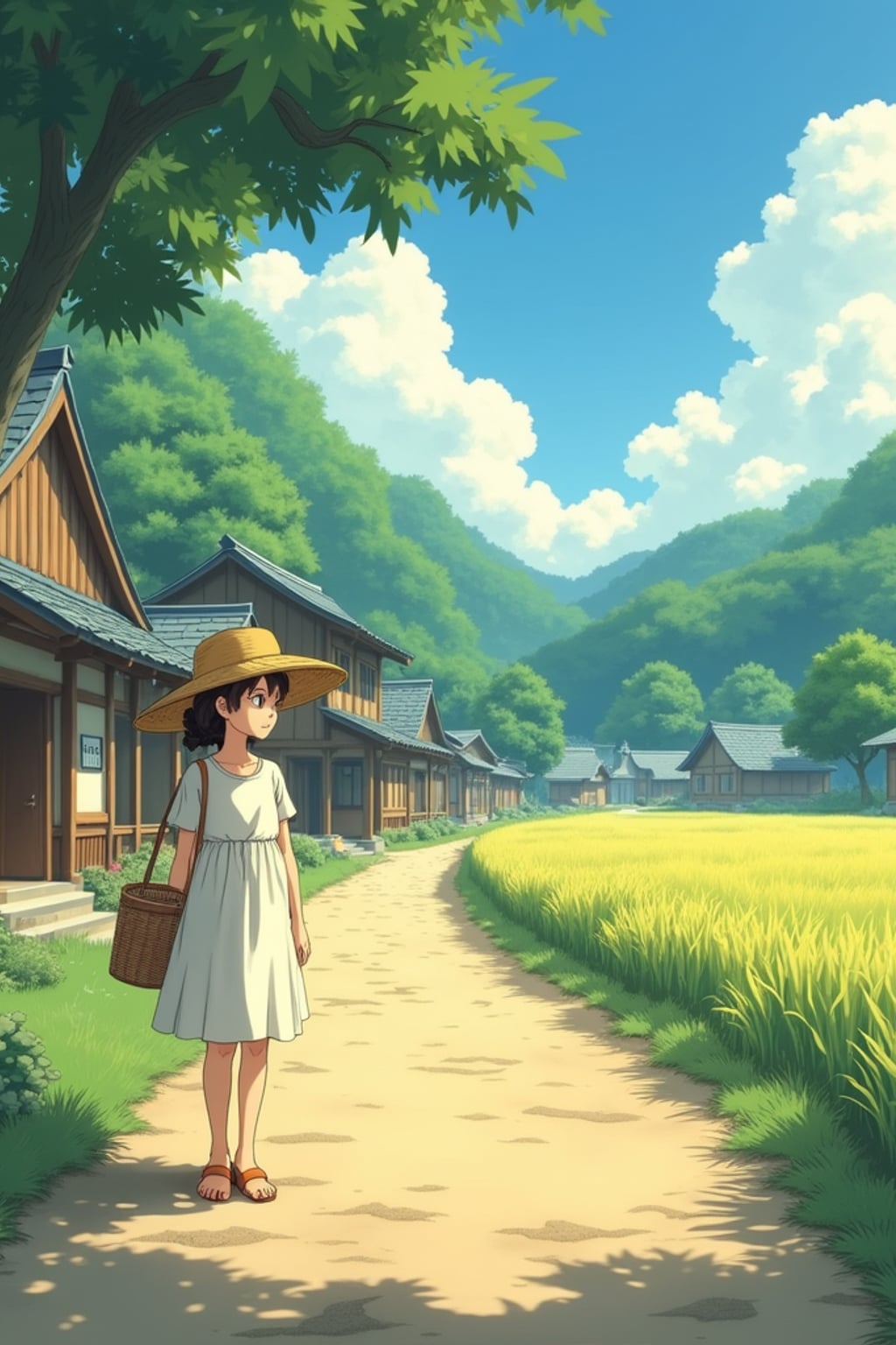 A serene line art anime-style anime scene in a Japanese countryside. The path winds between traditional wooden houses and rice fields, with fluffy white clouds drifting overhead. Magical dust spirits dance in the warm sunlight that filters through the trees. In the foreground, a gentle character stands thoughtfully, wearing a simple summer dress with a straw hat and carrying a basket . The character has a kind expression, watching the spirits play. The scene captures the peaceful magic of everyday life, painted in soft, warm colors typical of Studio line art anime.