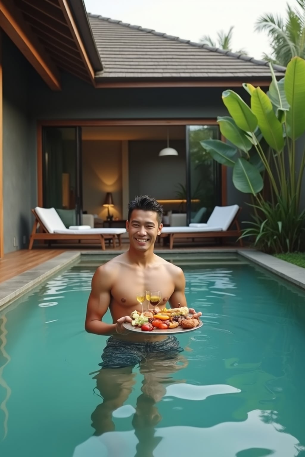 man in  swim shorts in modern Canggu villa with floating breakfast in private pool, surrounded by tropical gardens