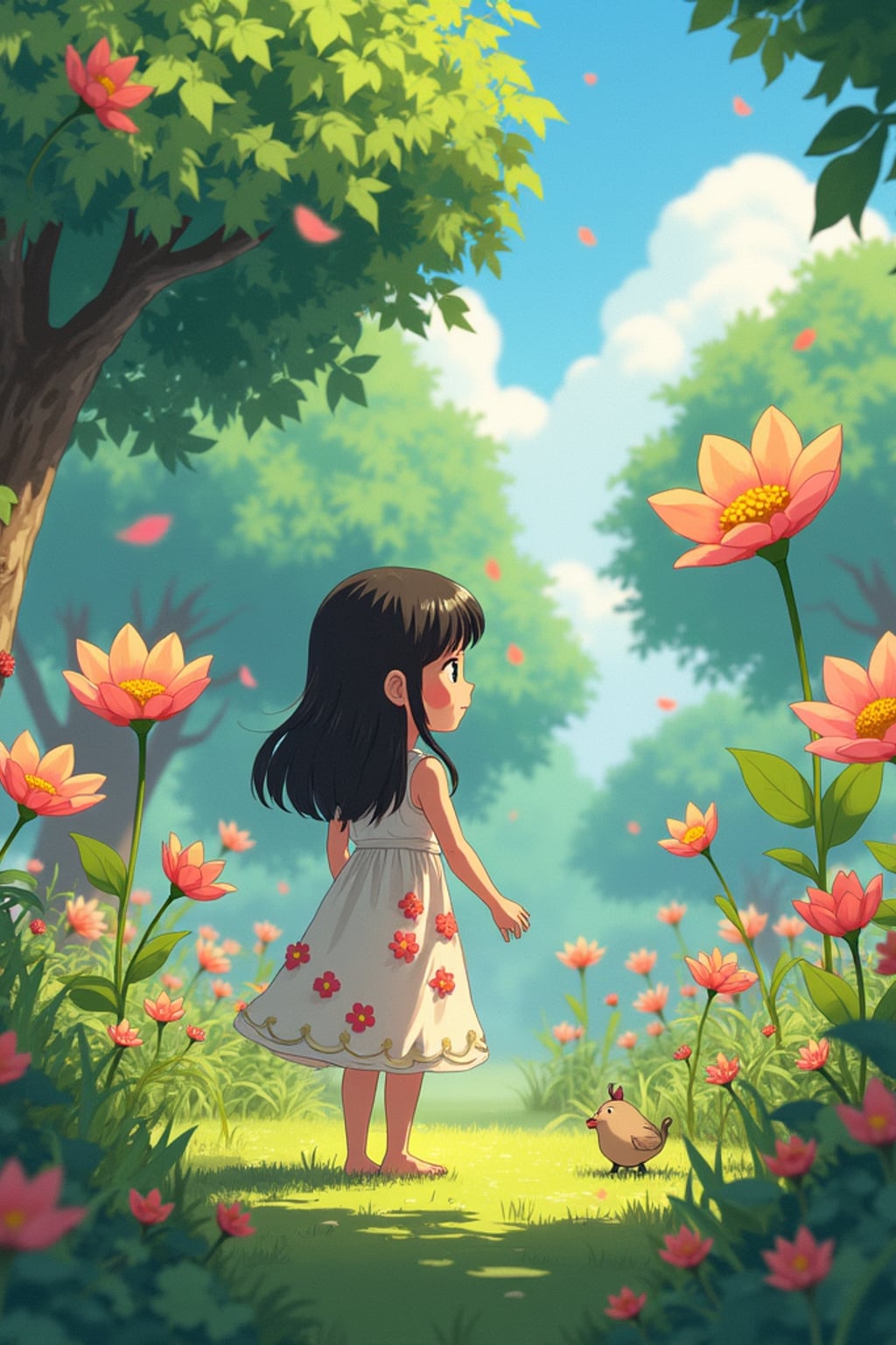 A line art anime-style anime scene in a magical garden, the character wearing a simple sundress with flower decorations , surrounded by giant flowers and tiny garden spirits. The garden feels alive with magic. The style is peaceful like a line art anime film.