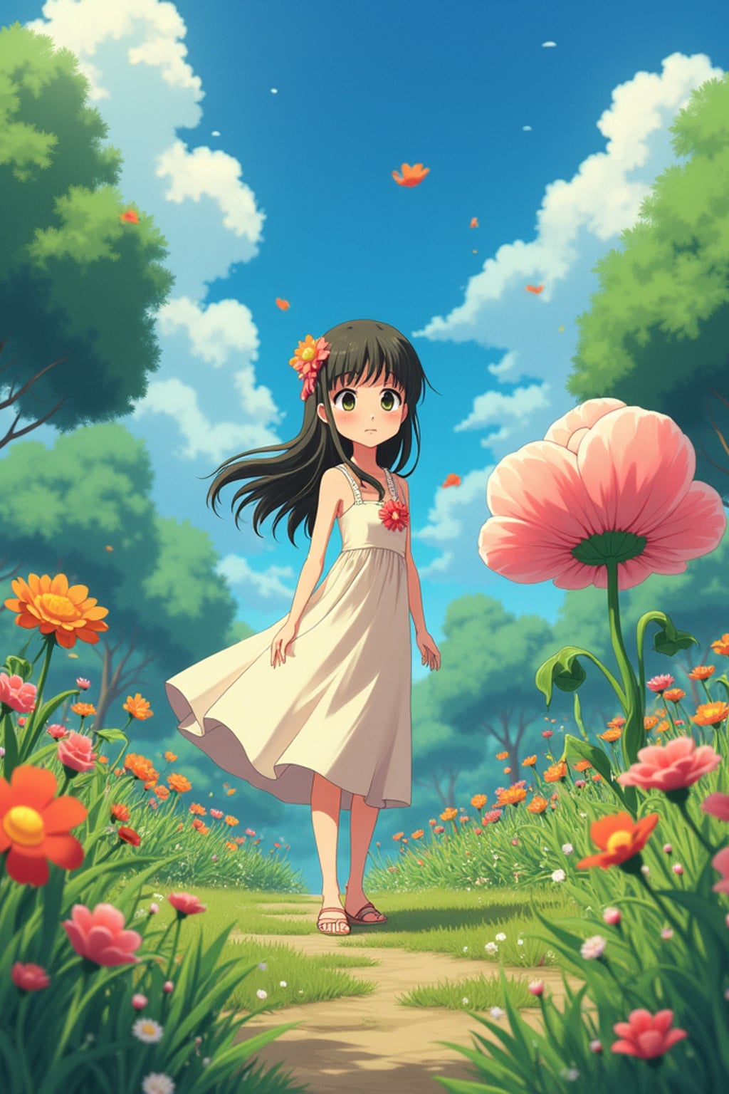 A line art anime-style anime scene in a magical garden, the character wearing a simple sundress with flower decorations , surrounded by giant flowers and tiny garden spirits. The garden feels alive with magic. The style is peaceful like a line art anime film.