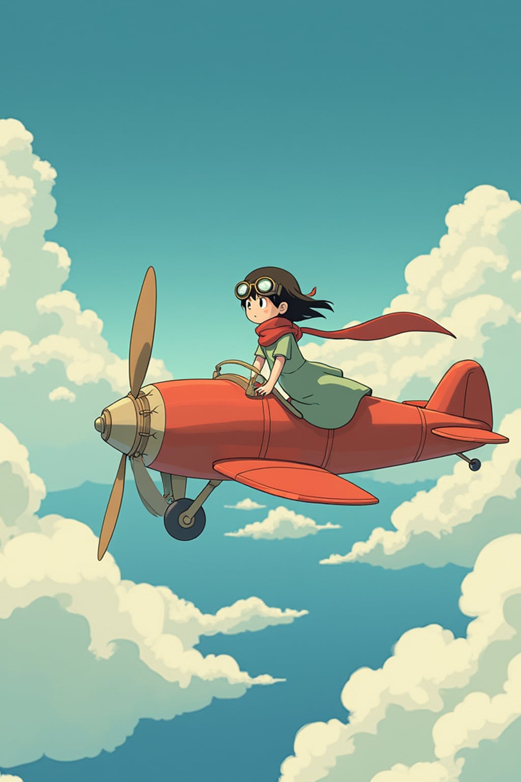 A gentle line art anime-inspired portrait aboard a flying machine, the character wearing a simple dress with goggles and a scarf , soaring through clouds. The sky is filled with fantastic flying contraptions. The style is adventurous like a line art anime film.