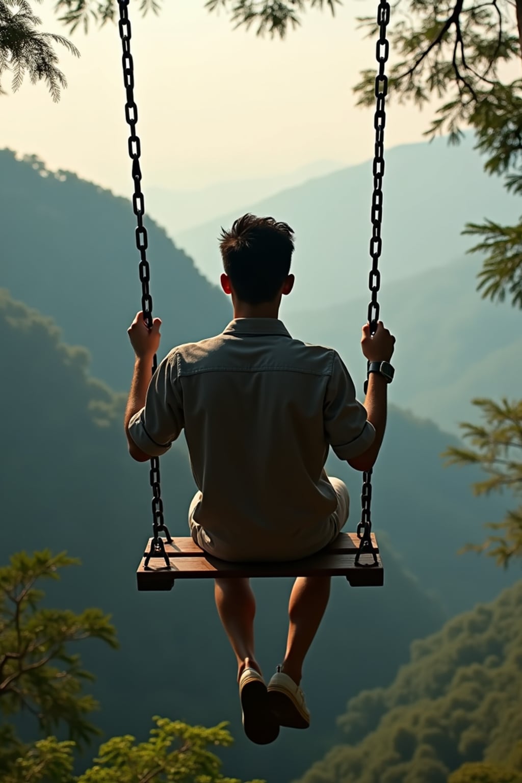 man in  smart casual outfit at jungle swing with vast valley view, dramatic lighting