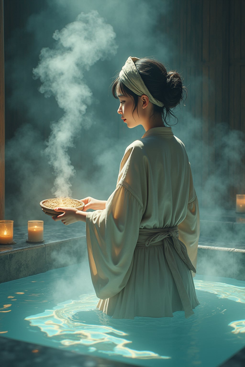 A line art anime-style anime scene at a mystical bathhouse, the character wearing a traditional worker's uniform with a cloth headband , helping spirit customers. Steam and magic fill the air. The style is enchanting like a line art anime film.