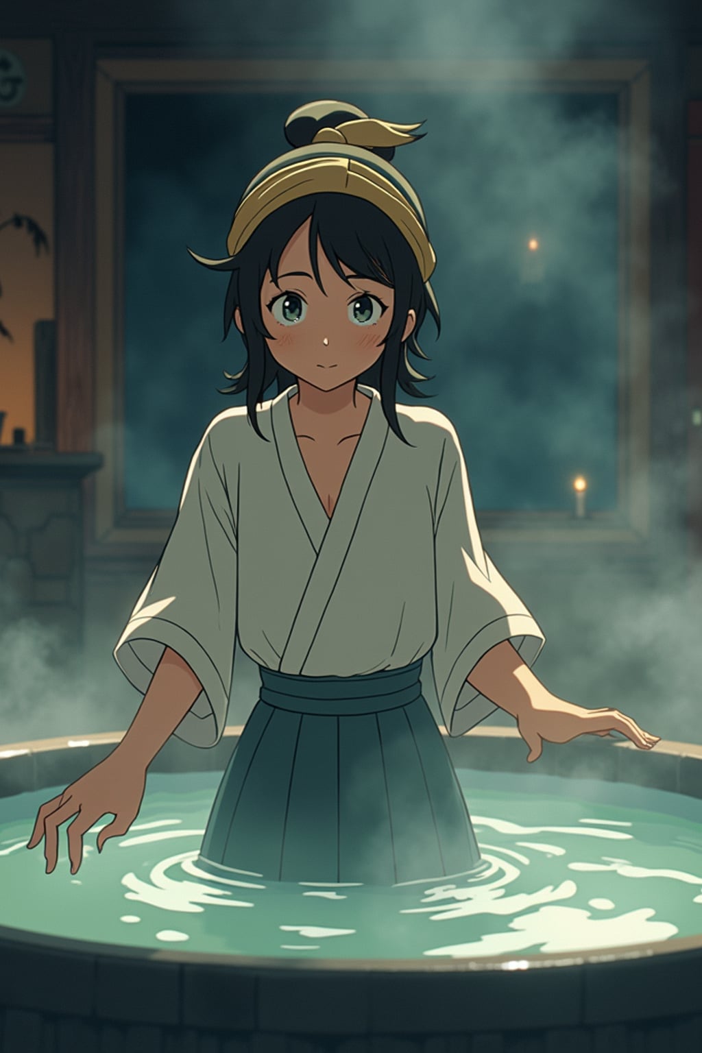 A line art anime-style anime scene at a mystical bathhouse, the character wearing a traditional worker's uniform with a cloth headband , helping spirit customers. Steam and magic fill the air. The style is enchanting like a line art anime film.