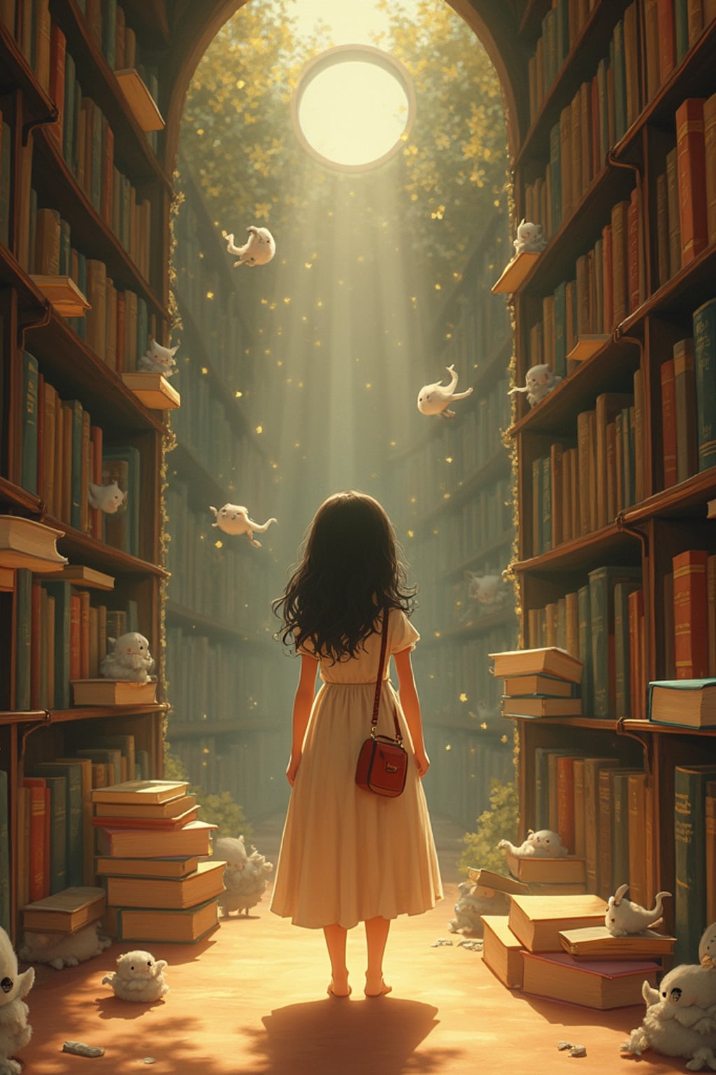 A cozy line art anime-inspired portrait in a magical library, the character wearing a simple dress with a book bag , surrounded by floating books and dust spirits. The library has endless shelves and warm lighting. The style is warm like a line art anime film.