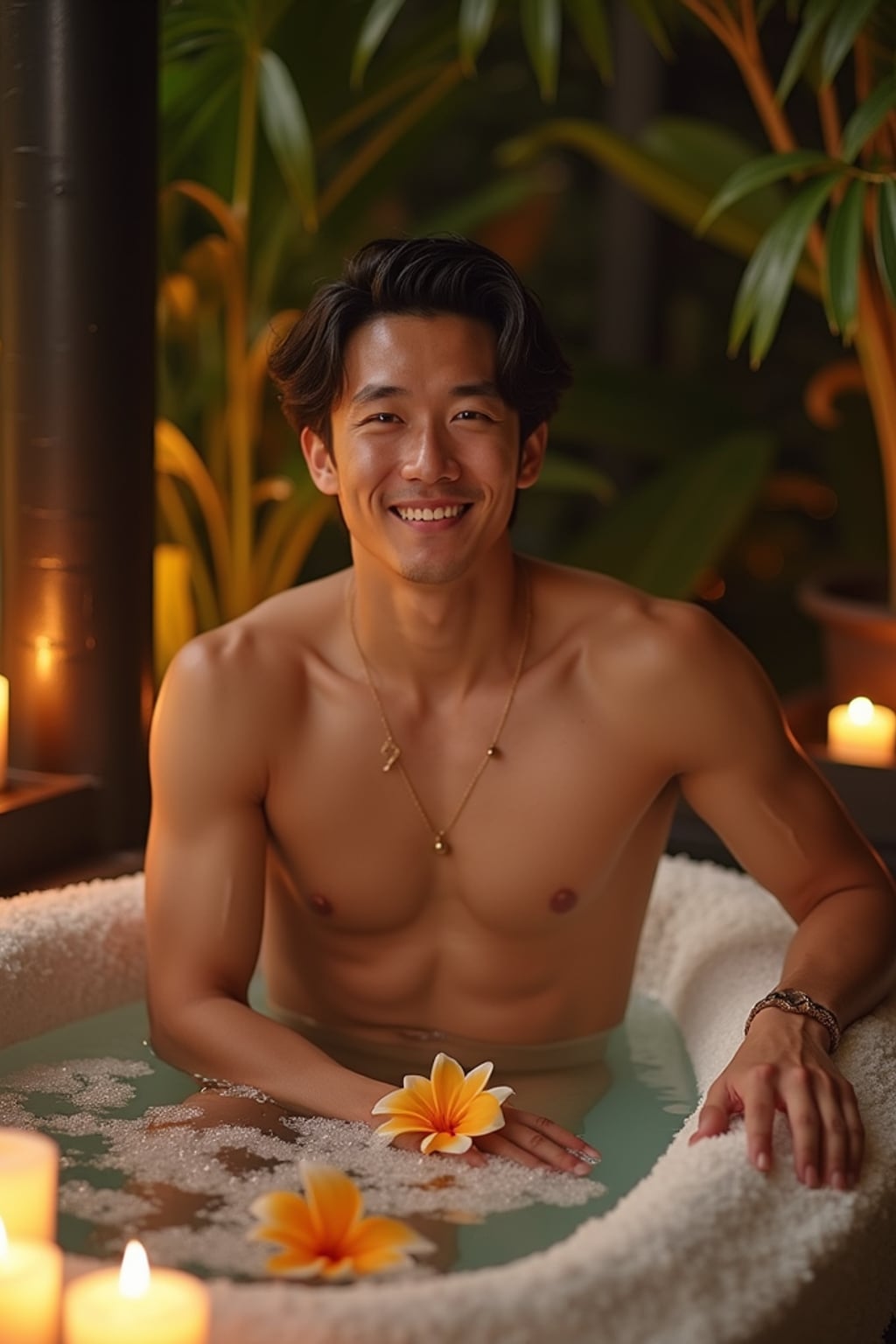 man in  resort evening wear at luxury spa villa with flower bath, candles and tropical decor