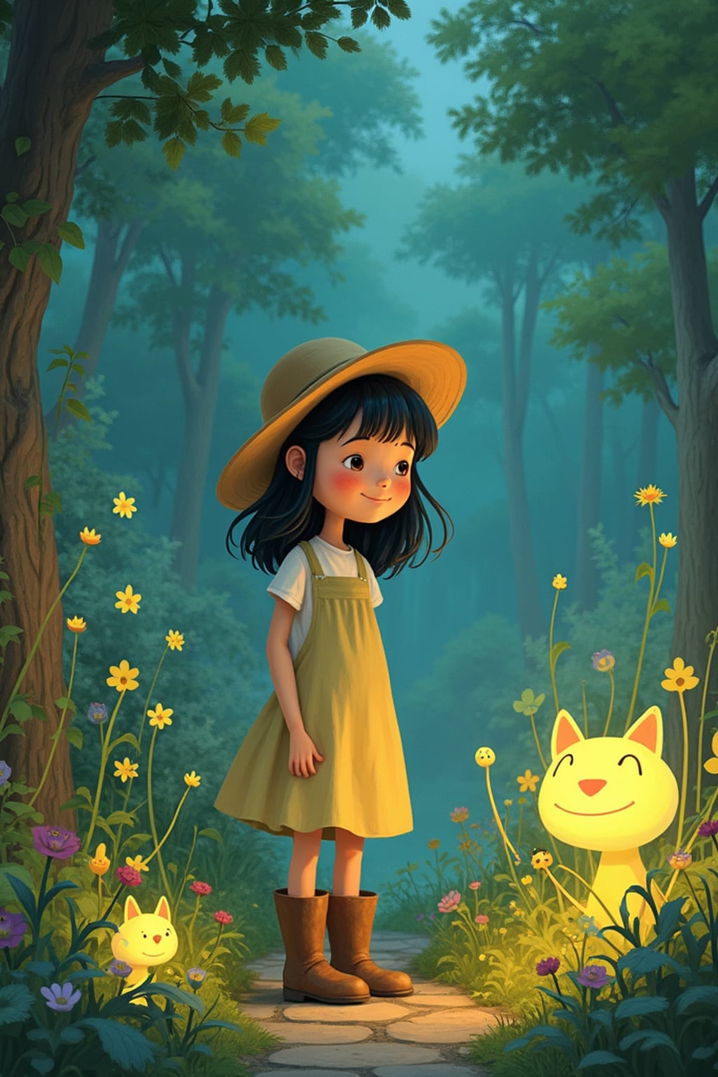 A peaceful line art anime-inspired portrait near a magical garden, the character wearing a gardening dress with muddy boots and a sunhat , tending to mysterious glowing plants. The garden is filled with strange and wonderful creatures. The style is gentle like a line art anime film.