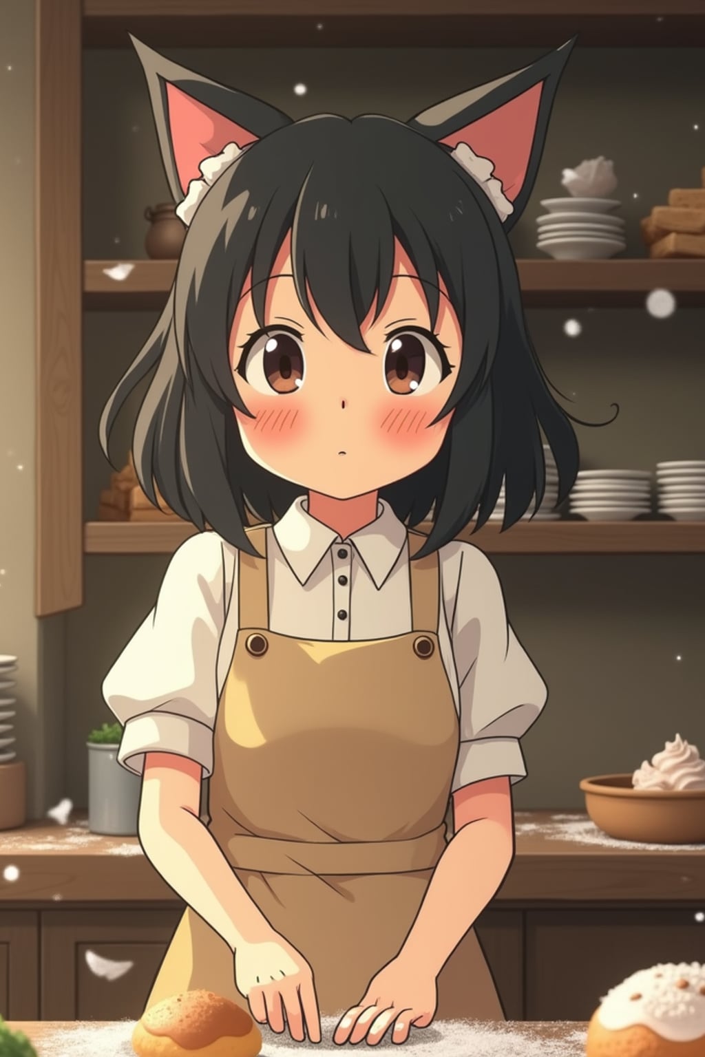 A line art anime-style anime character working in a magical bakery, wearing a baker's apron over a simple dress with flour-dusted cheeks . The bakery is filled with floating pastries and tiny soot sprites. The style is charming and whimsical like a line art anime film.