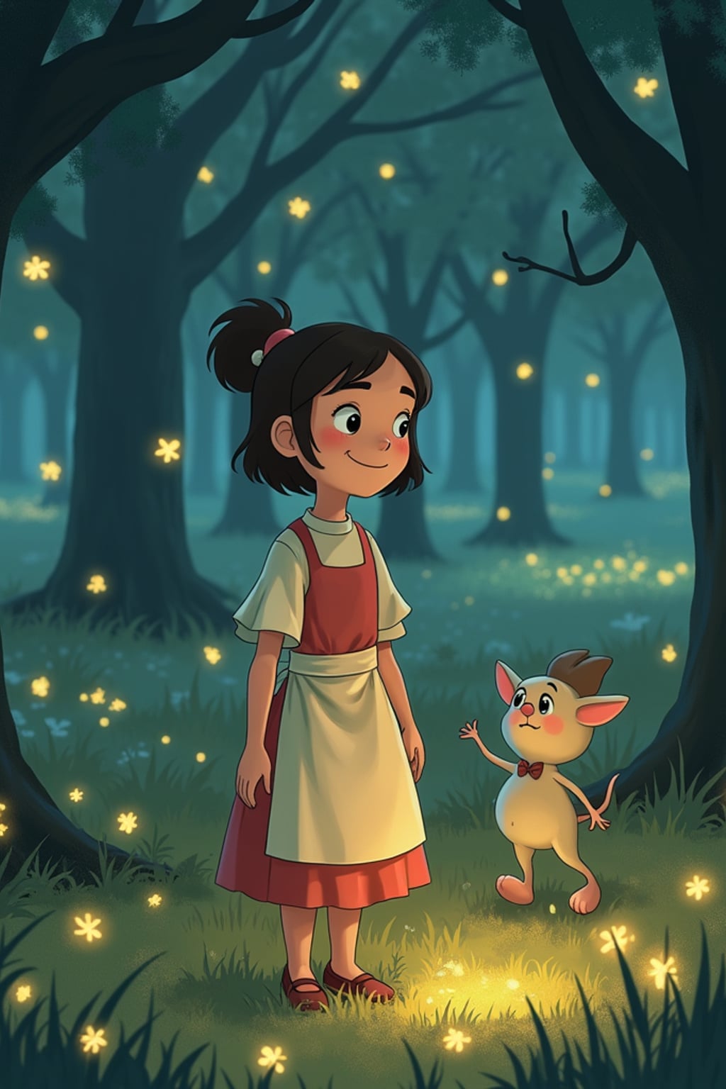 A cozy line art anime-inspired scene featuring a character in a simple dress with an apron and a warm smile , surrounded by magical forest spirits and glowing fireflies. The background has a dreamy forest clearing. The style is gentle and magical like a line art anime film.
