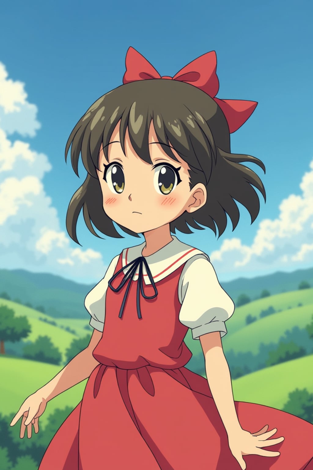 A line art anime-style anime portrait of a young adventurer, wearing a flowing dress with a red bow and gentle eyes . The background shows a peaceful countryside with rolling hills and fluffy clouds. The style is soft and whimsical like a line art anime film.