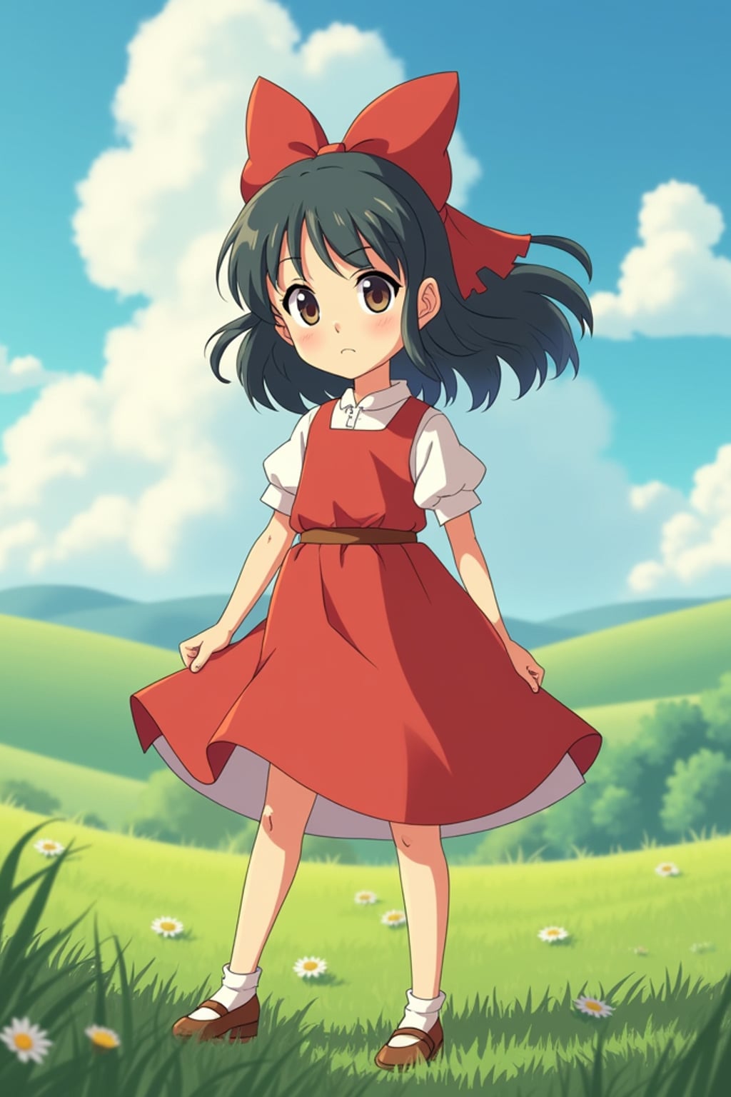 A line art anime-style anime portrait of a young adventurer, wearing a flowing dress with a red bow and gentle eyes . The background shows a peaceful countryside with rolling hills and fluffy clouds. The style is soft and whimsical like a line art anime film.