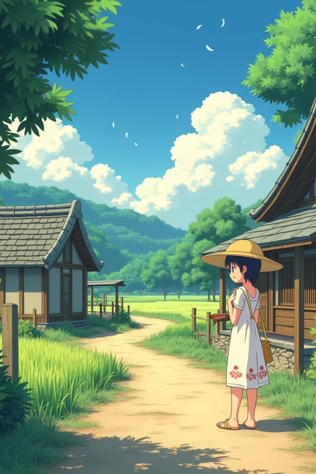 A serene line art anime-style anime scene in a Japanese countryside. The path winds between traditional wooden houses and rice fields, with fluffy white clouds drifting overhead. Magical dust spirits dance in the warm sunlight that filters through the trees. In the foreground, a gentle character stands thoughtfully, wearing a simple summer dress with a straw hat and carrying a basket . The character has a kind expression, watching the spirits play. The scene captures the peaceful magic of everyday life, painted in soft, warm colors typical of Studio line art anime.