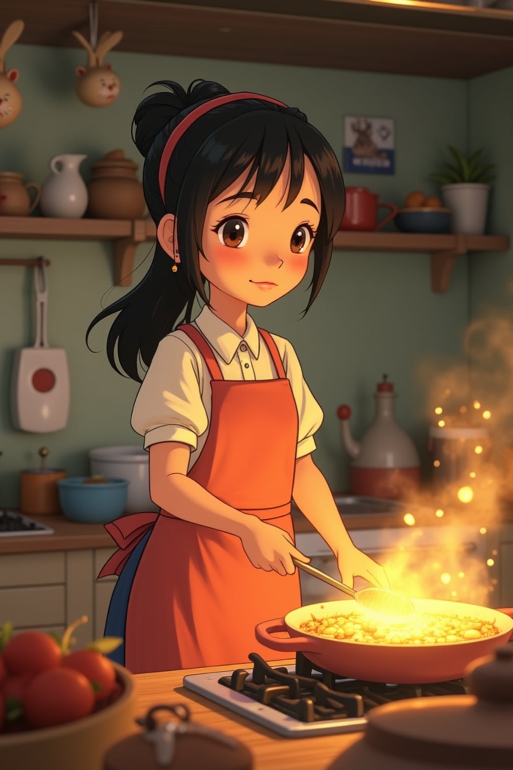 A heartwarming line art anime-inspired portrait in a cozy kitchen, wearing a homey dress with an apron , cooking magical food that glows and floats. The kitchen is filled with animated cooking tools and helpful spirits. The style is warm like a line art anime film.