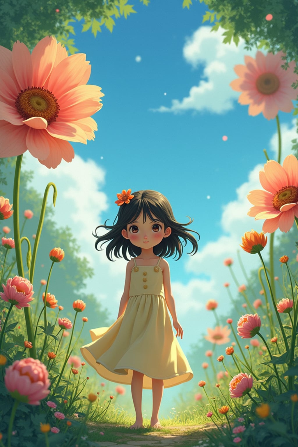 A line art anime-style anime scene in a magical garden, the character wearing a simple sundress with flower decorations , surrounded by giant flowers and tiny garden spirits. The garden feels alive with magic. The style is peaceful like a line art anime film.