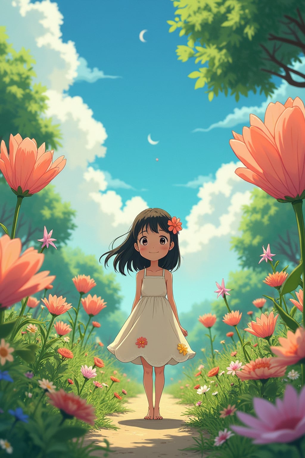 A line art anime-style anime scene in a magical garden, the character wearing a simple sundress with flower decorations , surrounded by giant flowers and tiny garden spirits. The garden feels alive with magic. The style is peaceful like a line art anime film.