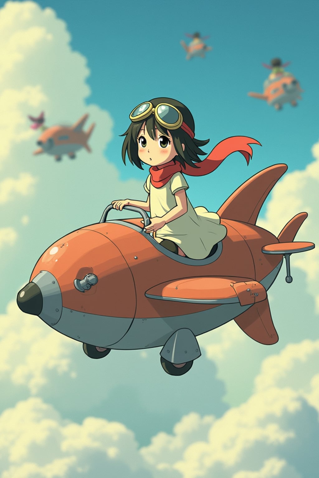 A gentle line art anime-inspired portrait aboard a flying machine, the character wearing a simple dress with goggles and a scarf , soaring through clouds. The sky is filled with fantastic flying contraptions. The style is adventurous like a line art anime film.