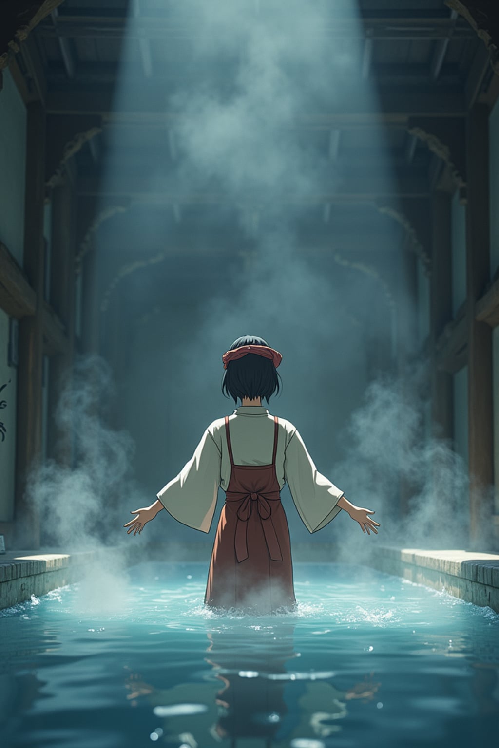 A line art anime-style anime scene at a mystical bathhouse, the character wearing a traditional worker's uniform with a cloth headband , helping spirit customers. Steam and magic fill the air. The style is enchanting like a line art anime film.