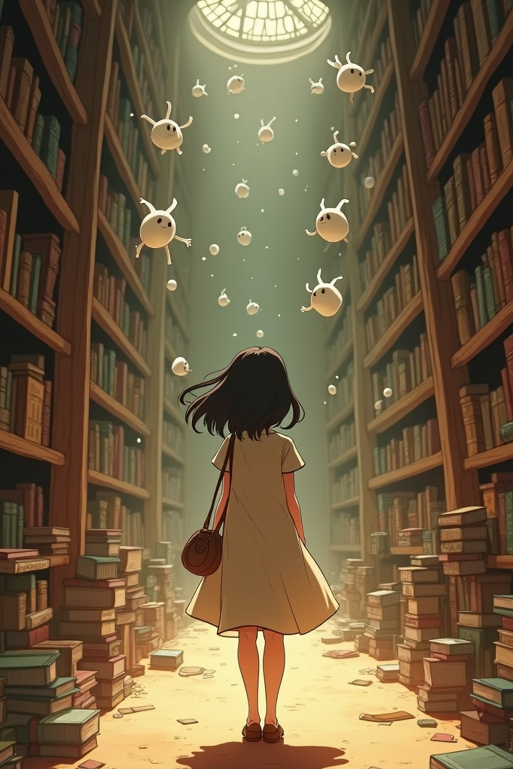 A cozy line art anime-inspired portrait in a magical library, the character wearing a simple dress with a book bag , surrounded by floating books and dust spirits. The library has endless shelves and warm lighting. The style is warm like a line art anime film.