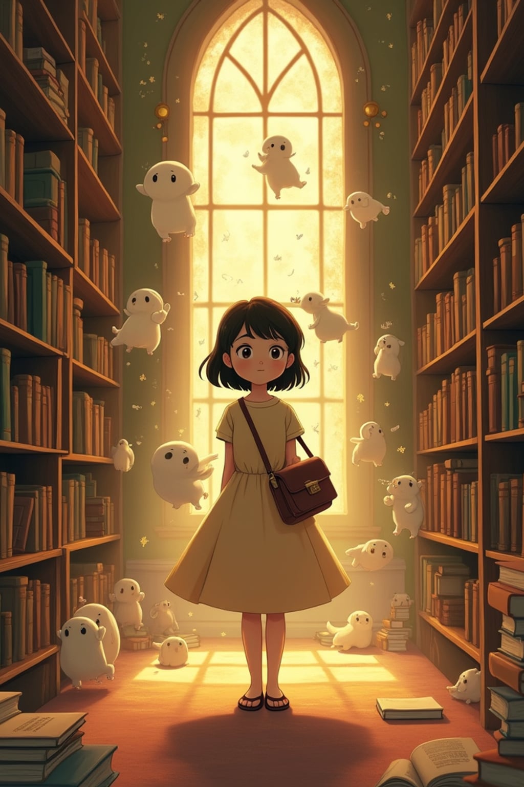 A cozy line art anime-inspired portrait in a magical library, the character wearing a simple dress with a book bag , surrounded by floating books and dust spirits. The library has endless shelves and warm lighting. The style is warm like a line art anime film.