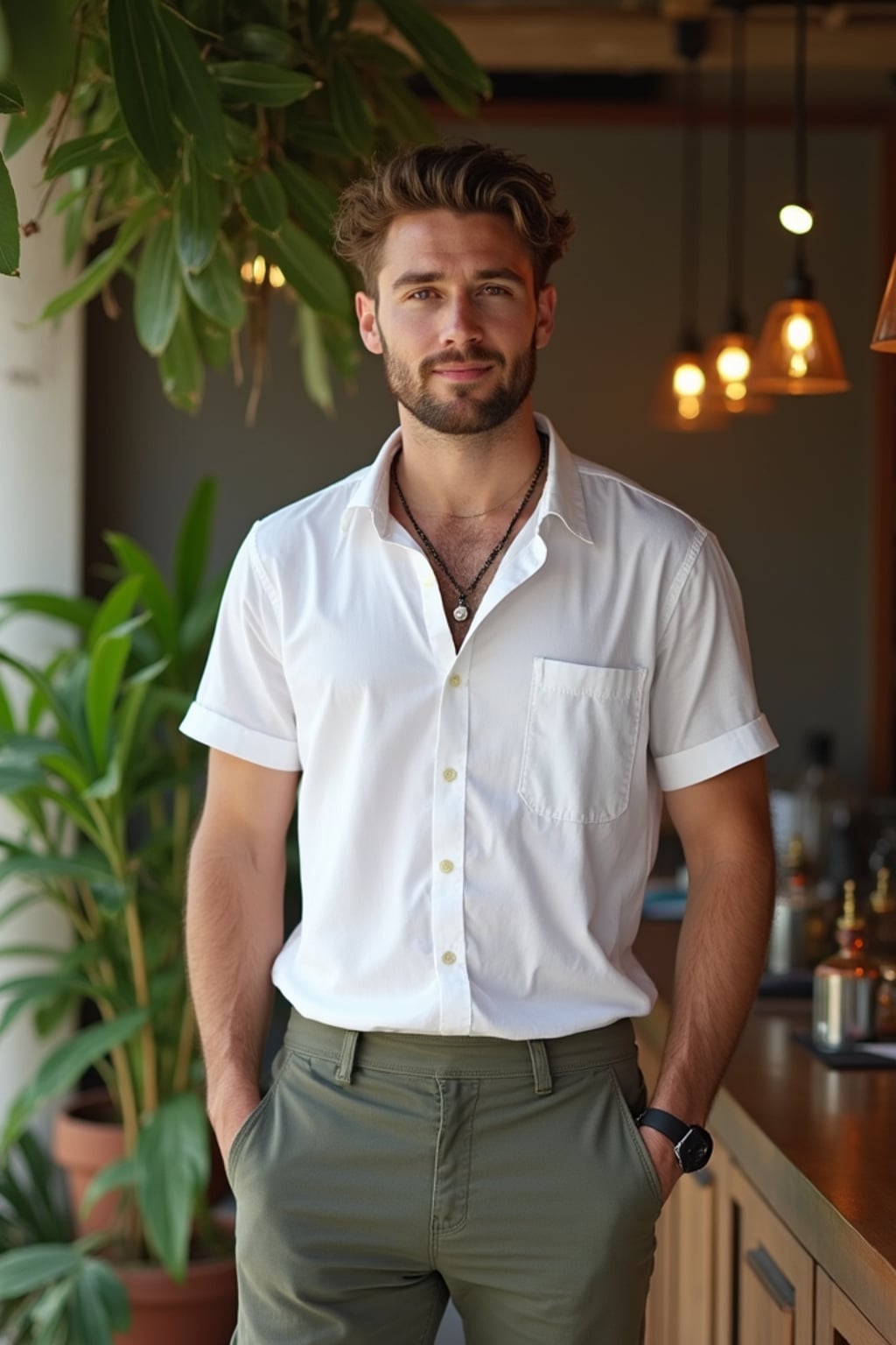 man in  smart casual wear at trendy Canggu cafe with tropical minimalist decor