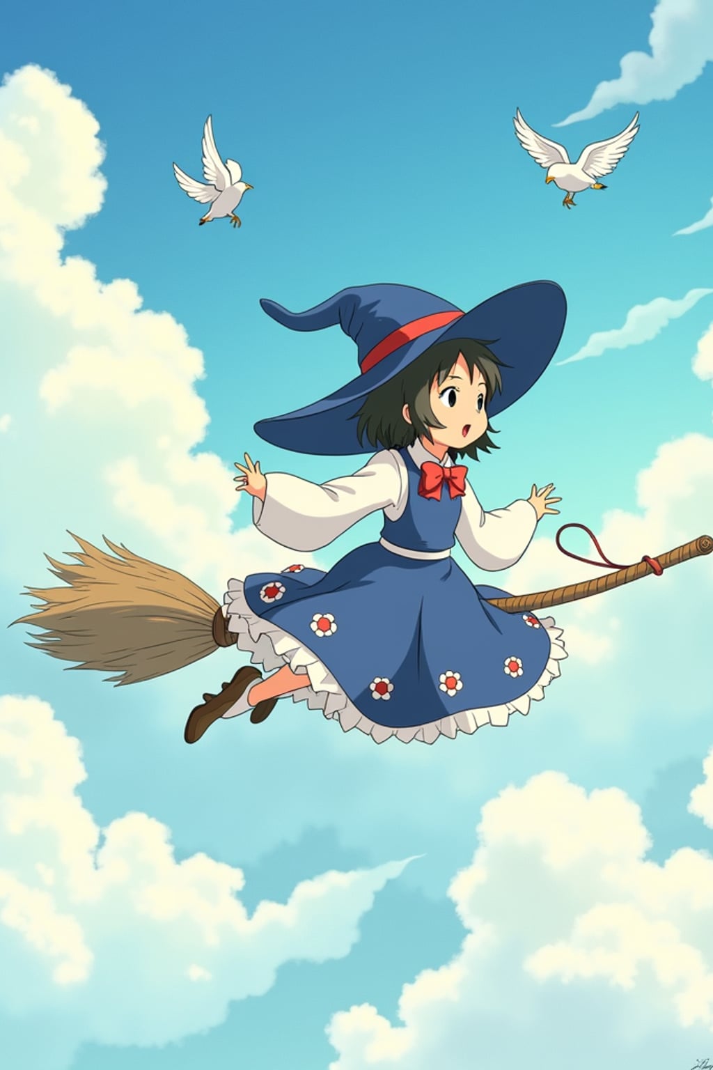 A line art anime-style anime scene of a character flying through clouds on a magical broomstick, wearing a witch apprentice dress with a red bow , surrounded by friendly birds. The sky is painted in soft watercolors. The style is magical like a line art anime film.