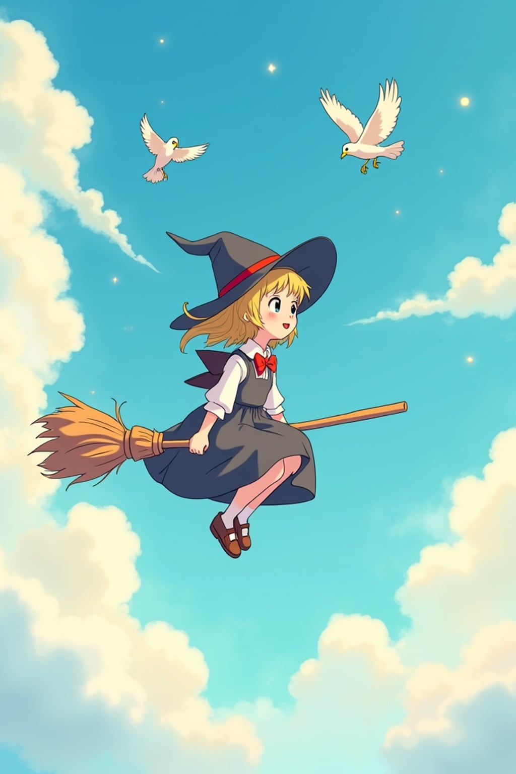 A line art anime-style anime scene of a character flying through clouds on a magical broomstick, wearing a witch apprentice dress with a red bow , surrounded by friendly birds. The sky is painted in soft watercolors. The style is magical like a line art anime film.