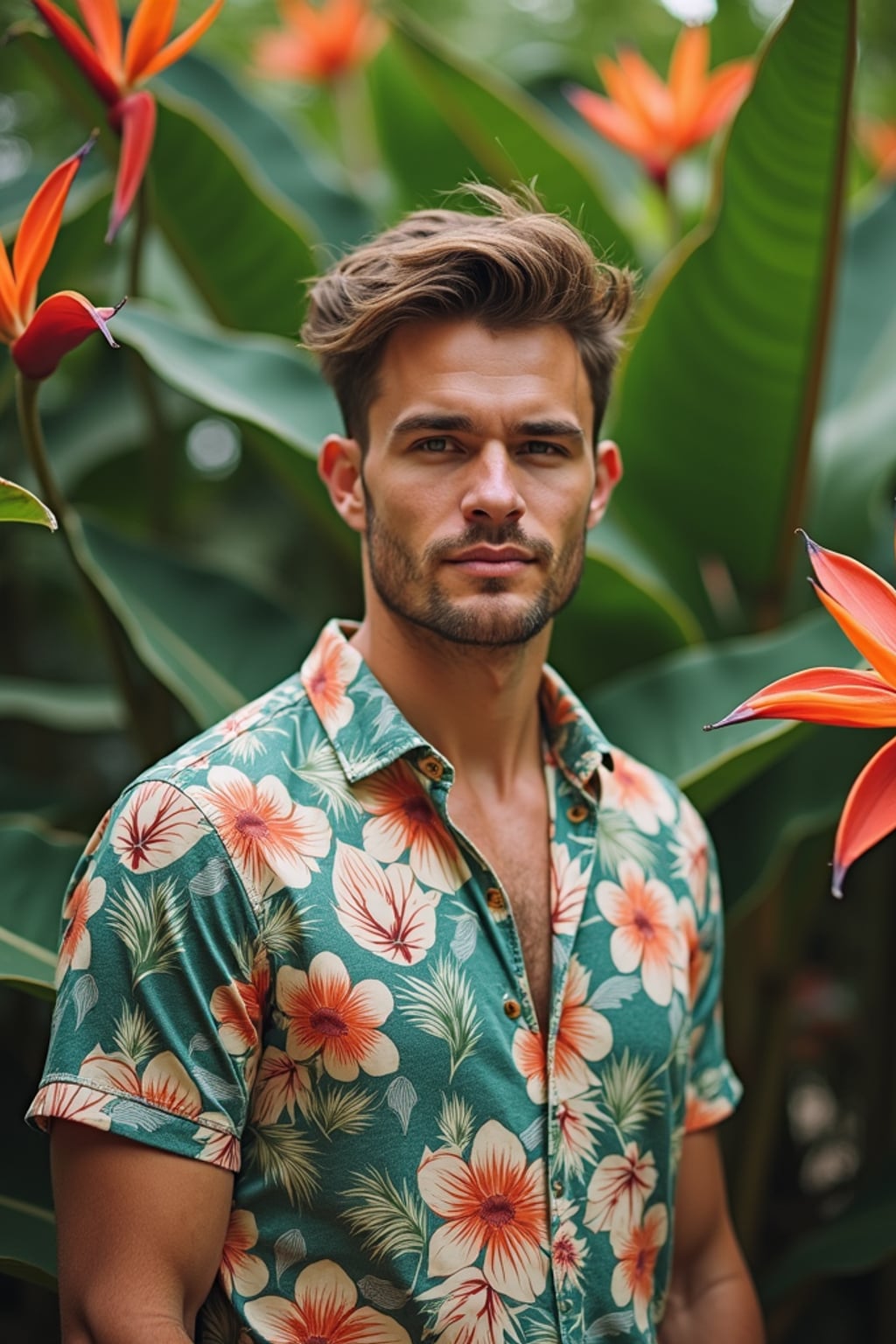 man in  tropical print shirt surrounded by exotic flowers in botanical garden setting