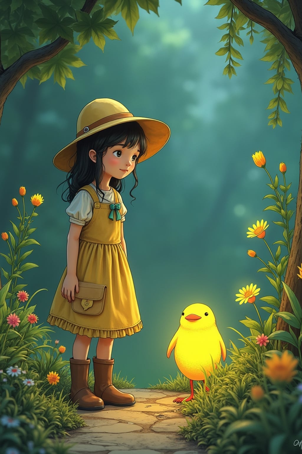A peaceful line art anime-inspired portrait near a magical garden, the character wearing a gardening dress with muddy boots and a sunhat , tending to mysterious glowing plants. The garden is filled with strange and wonderful creatures. The style is gentle like a line art anime film.