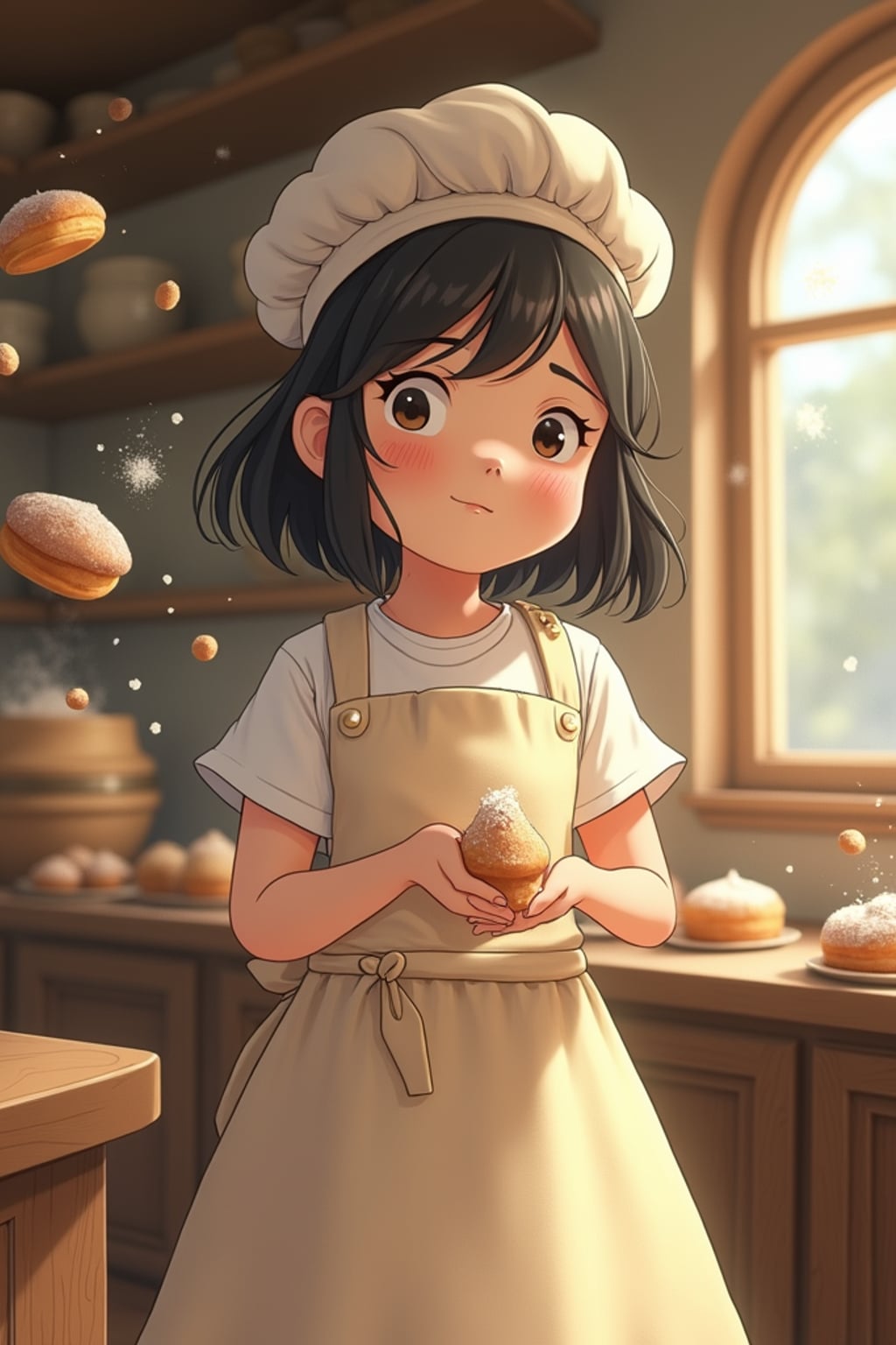 A line art anime-style anime character working in a magical bakery, wearing a baker's apron over a simple dress with flour-dusted cheeks . The bakery is filled with floating pastries and tiny soot sprites. The style is charming and whimsical like a line art anime film.
