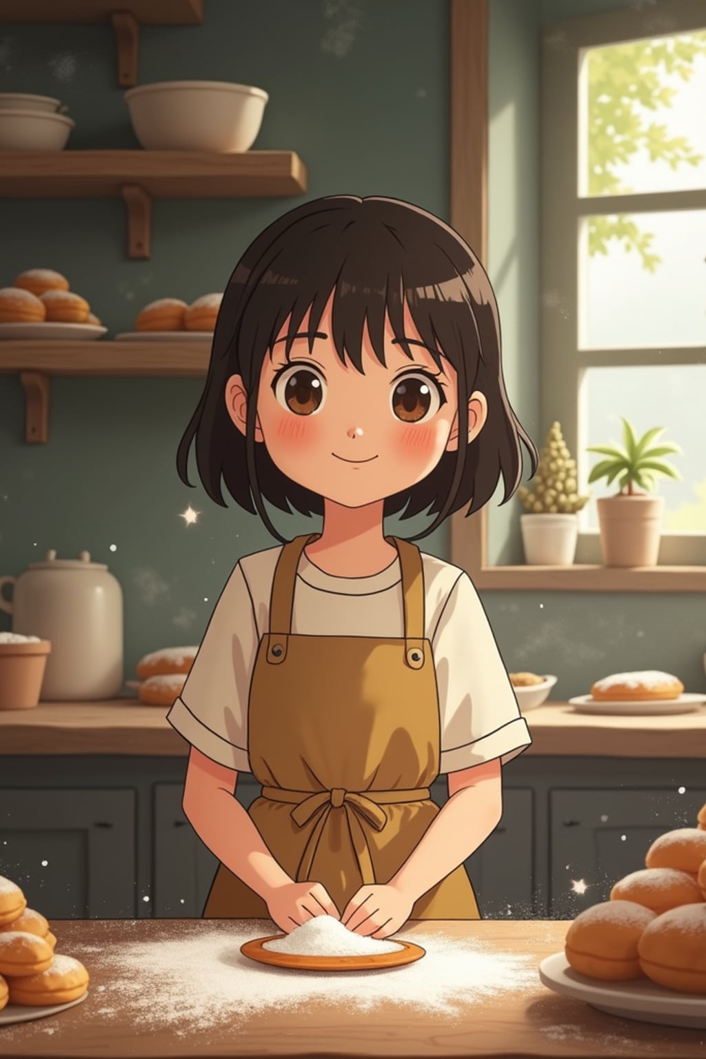 A line art anime-style anime character working in a magical bakery, wearing a baker's apron over a simple dress with flour-dusted cheeks . The bakery is filled with floating pastries and tiny soot sprites. The style is charming and whimsical like a line art anime film.